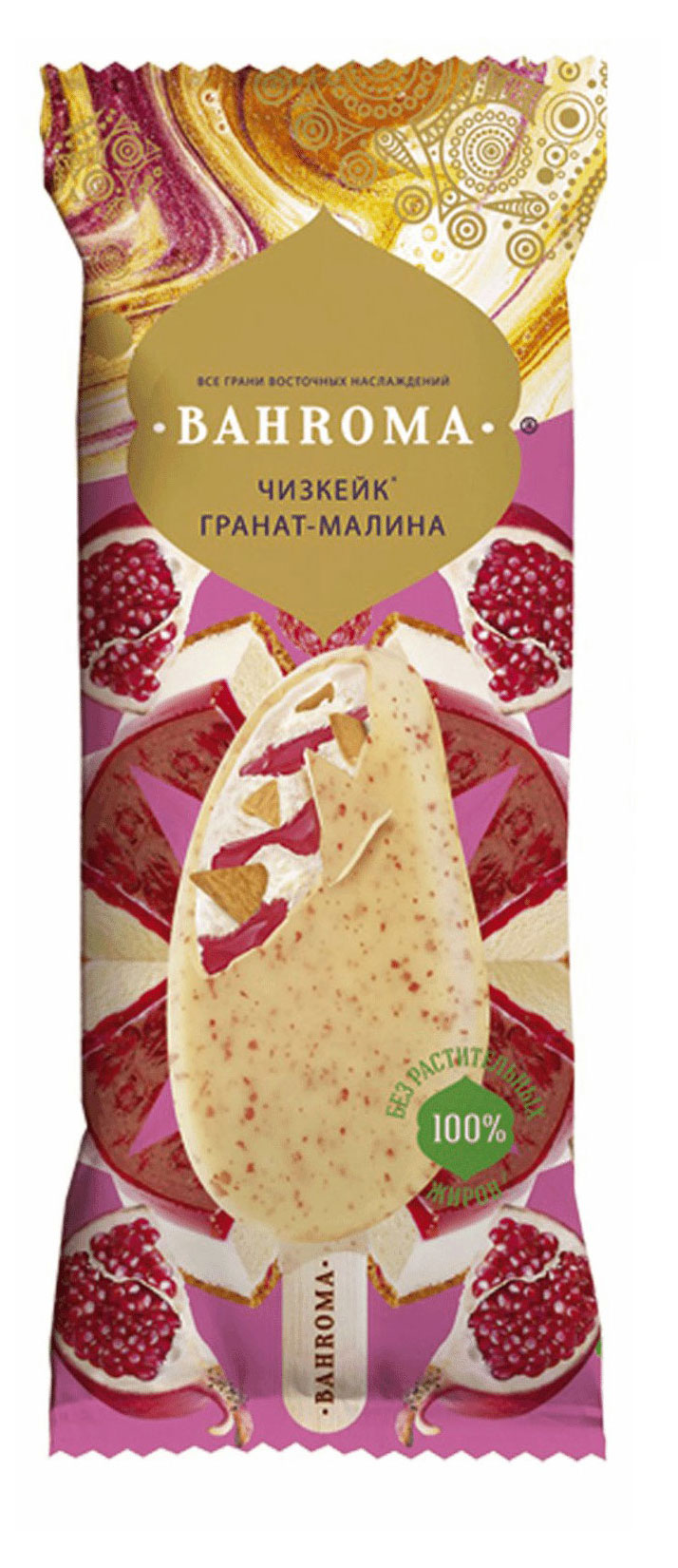 

Мороженое пломбир BAHROMA Чизкейк гранат малина с кусочками печенья а белом шоколаде с кусочками малины 12%, 75 г