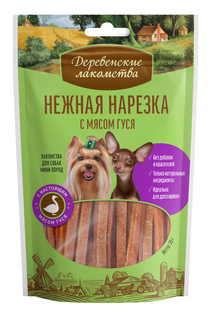 

Лакомство для собак Деревенские лакомства Нежная нарезка с мясом гуся, 55 г