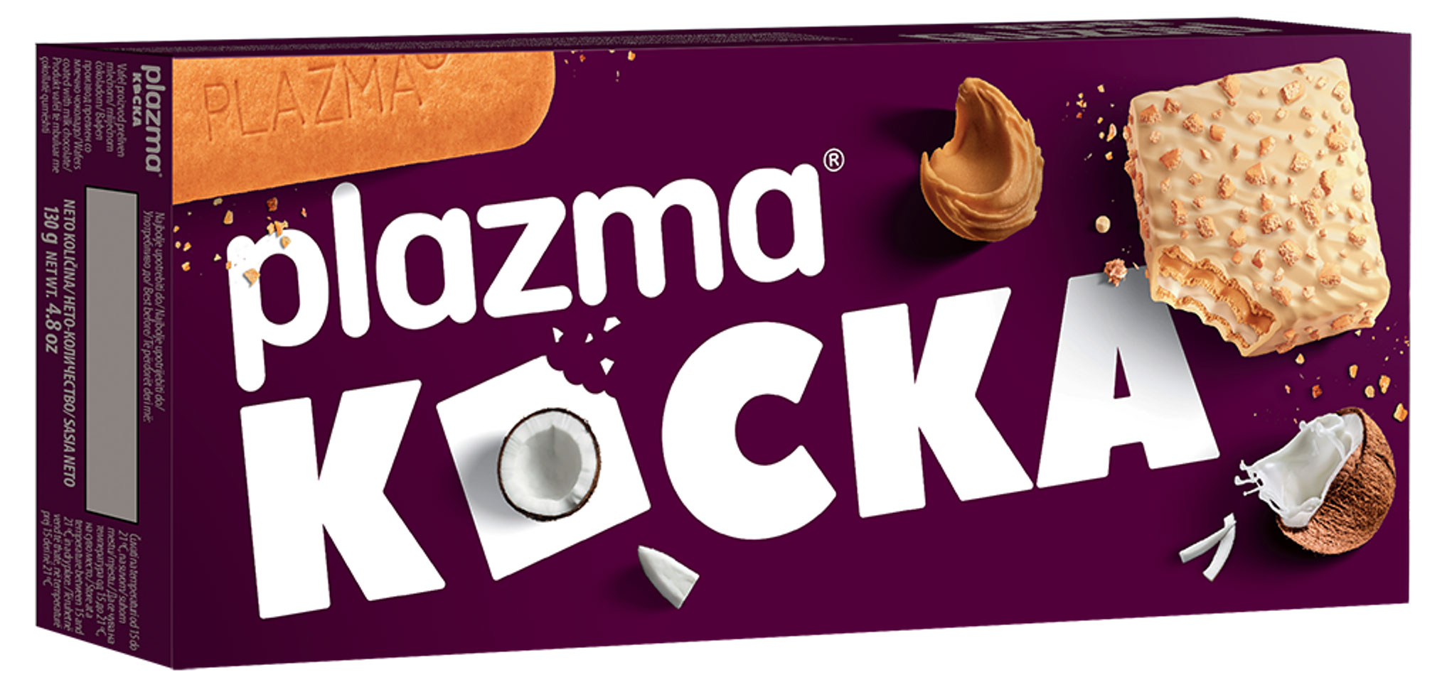 

Вафли Plazma с кокосовой начинкой покрытое белым молочным шоколадом и кусочками печенья, 130 г