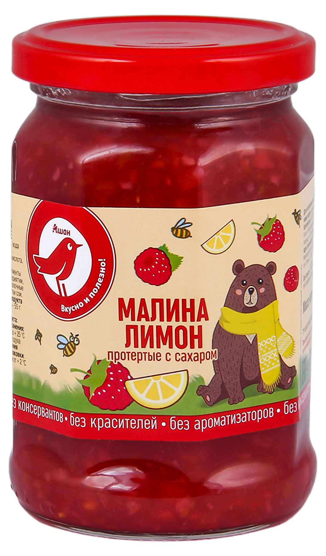 

Малина-лимон протертые АШАН Красная птица с сахаром, 350 г