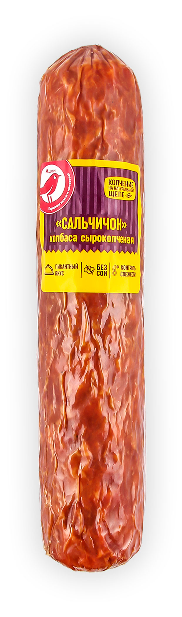 

Колбаса сырокопченая АШАН Красная птица Сальчичон без сои нарезка, вес
