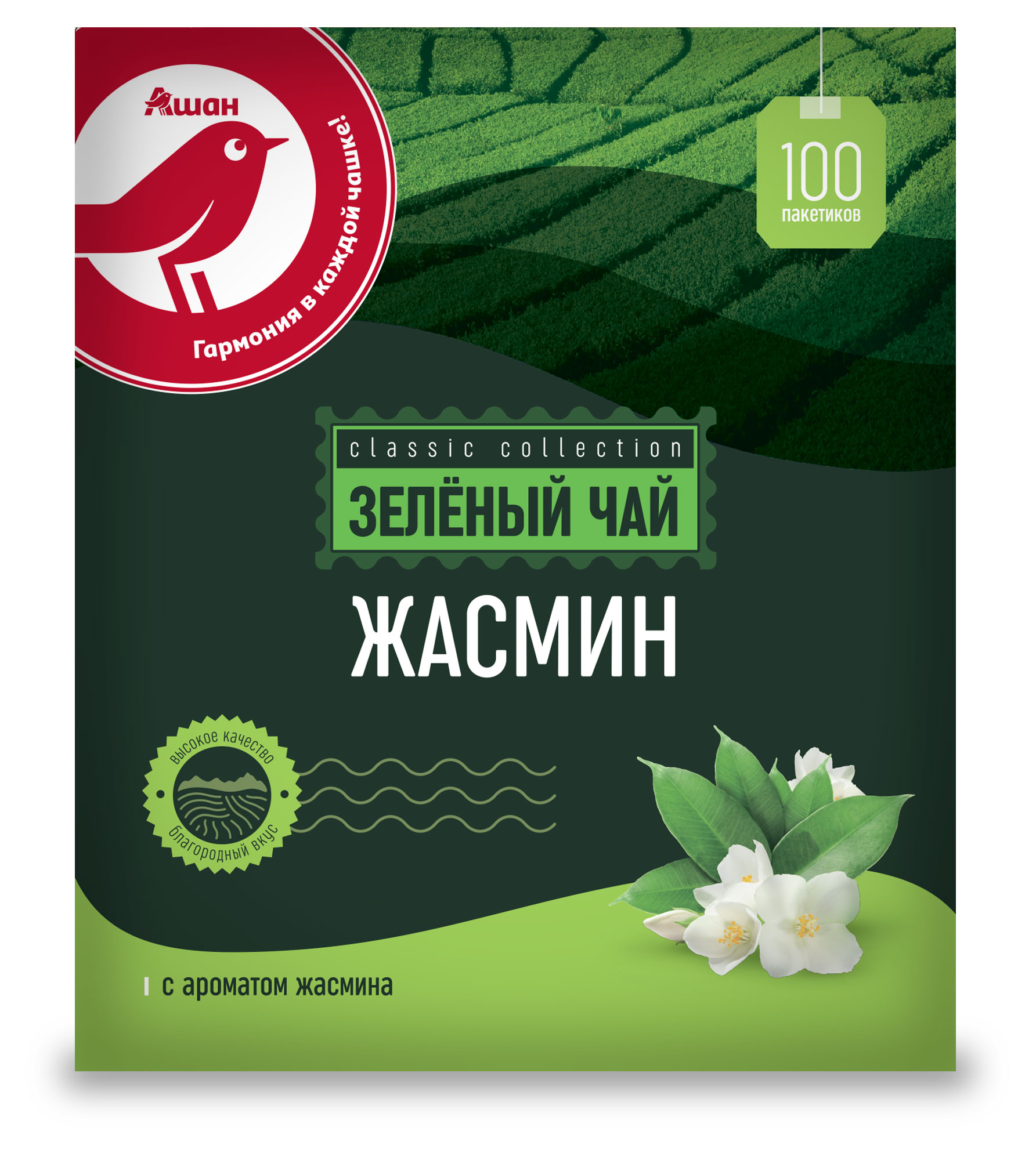 

Чай зеленый АШАН Красная птица со вкусом жасмина, 100х2 г