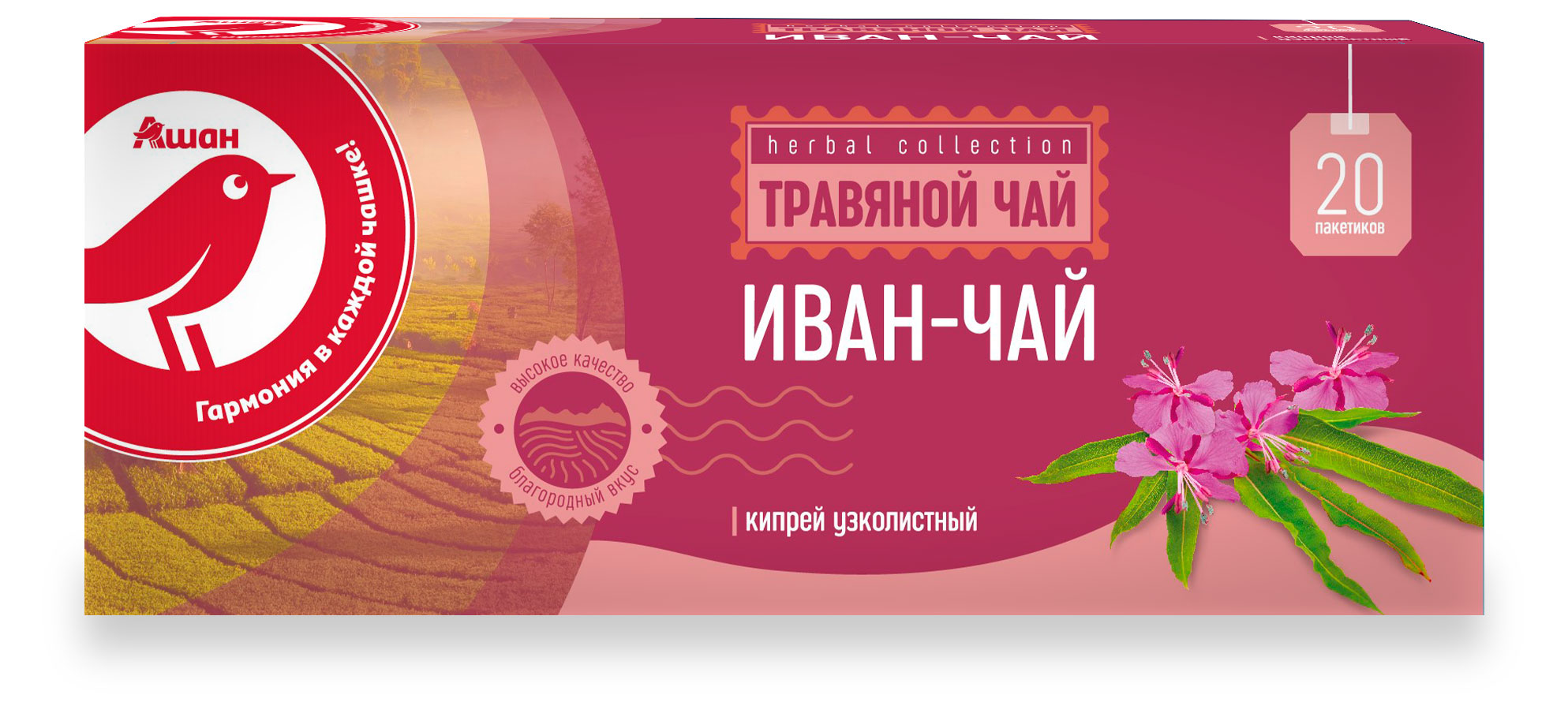 Изображение товара Напиток чайный АШАН Красная птица Иван-чай, 20х2 г