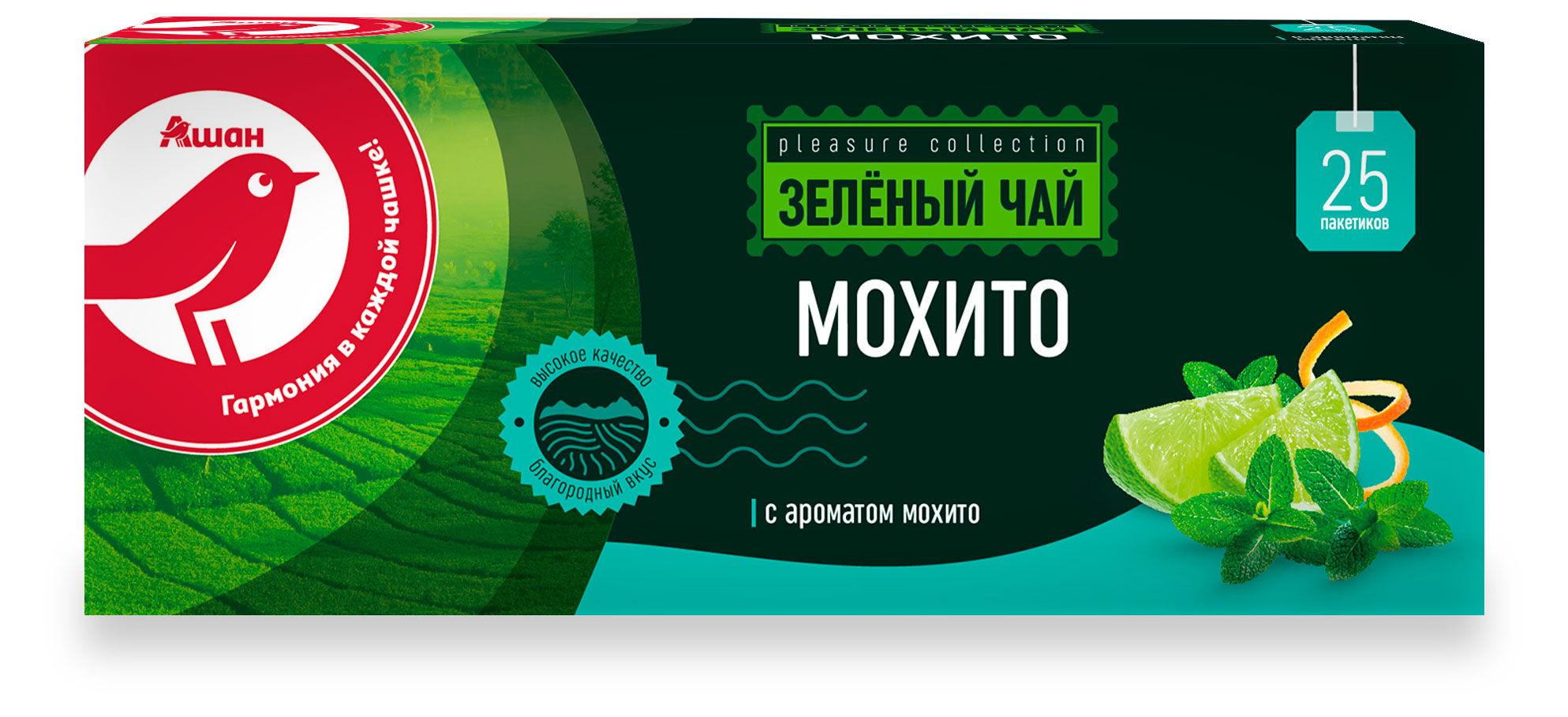 

Чай зеленый АШАН Красная птица со вкусом мохито, 25х2 г