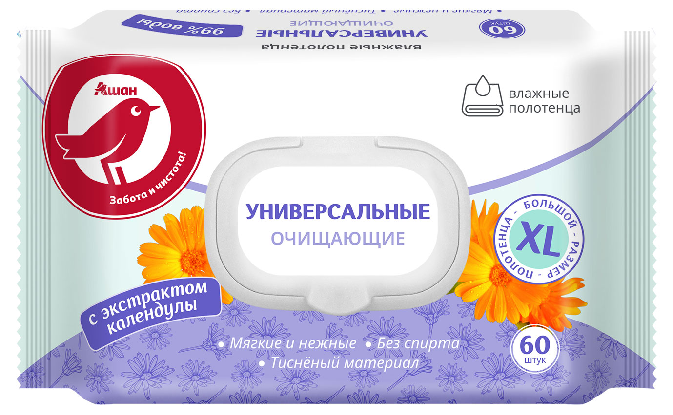 

Полотенца влажные АШАН Красная птица универсальные XL, 60 шт