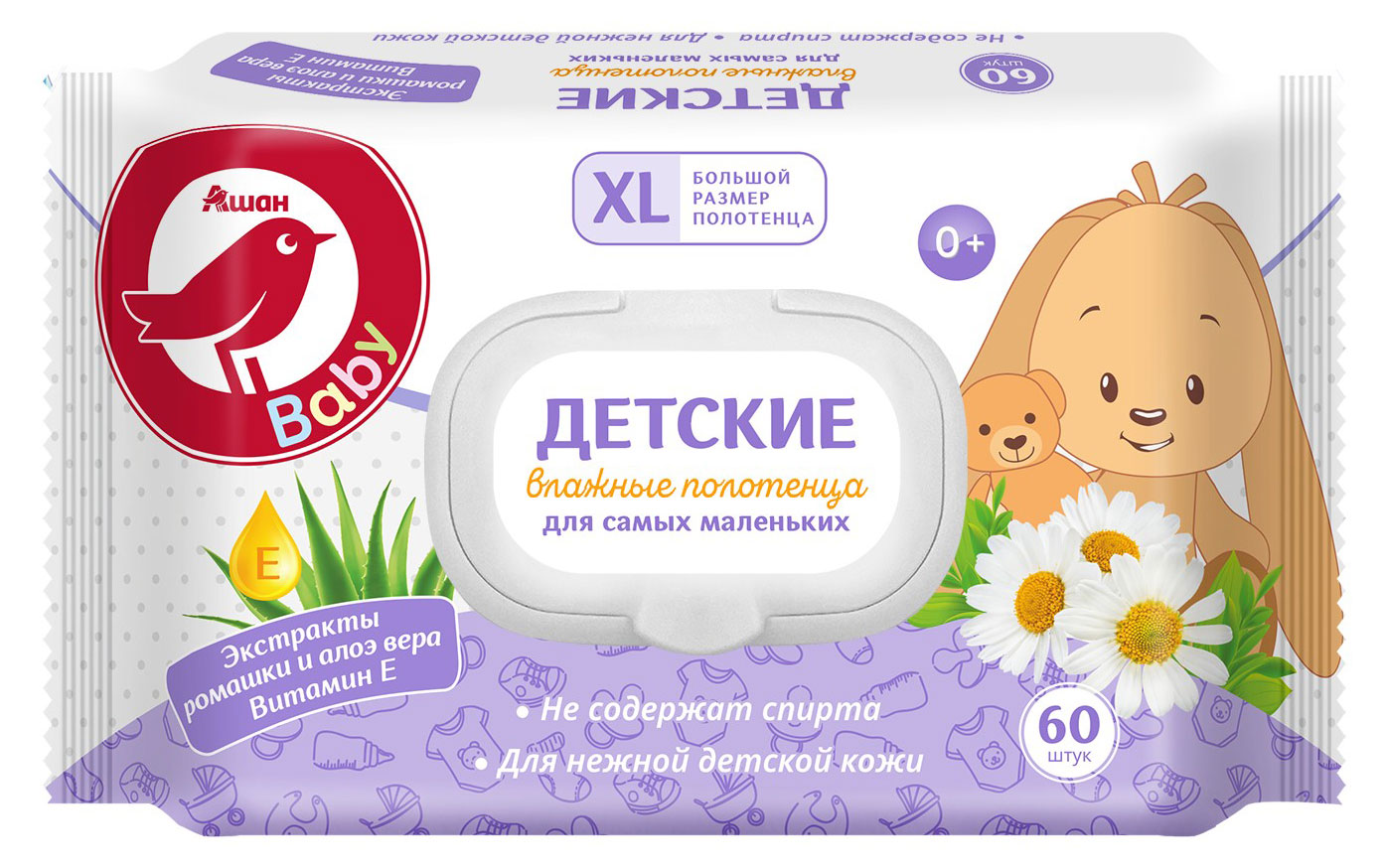 

Влажные полотенца для детей АШАН Красная птица XL с экстрактом ромашки алоэ и витамином Е с 0 мес., 60 шт