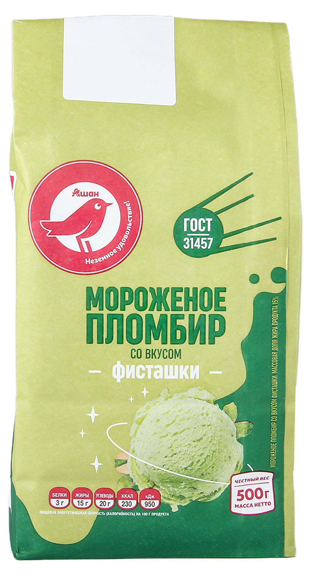 

Мороженое пломбир АШАН Красная птица фисташка 15% ГОСТ БЗМЖ, 500 г