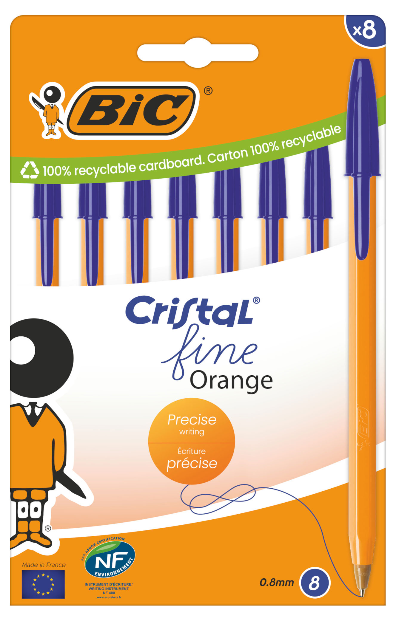 Изображение товара Ручка шариковая BIC Cristal Fine Orange синяя, 8 шт