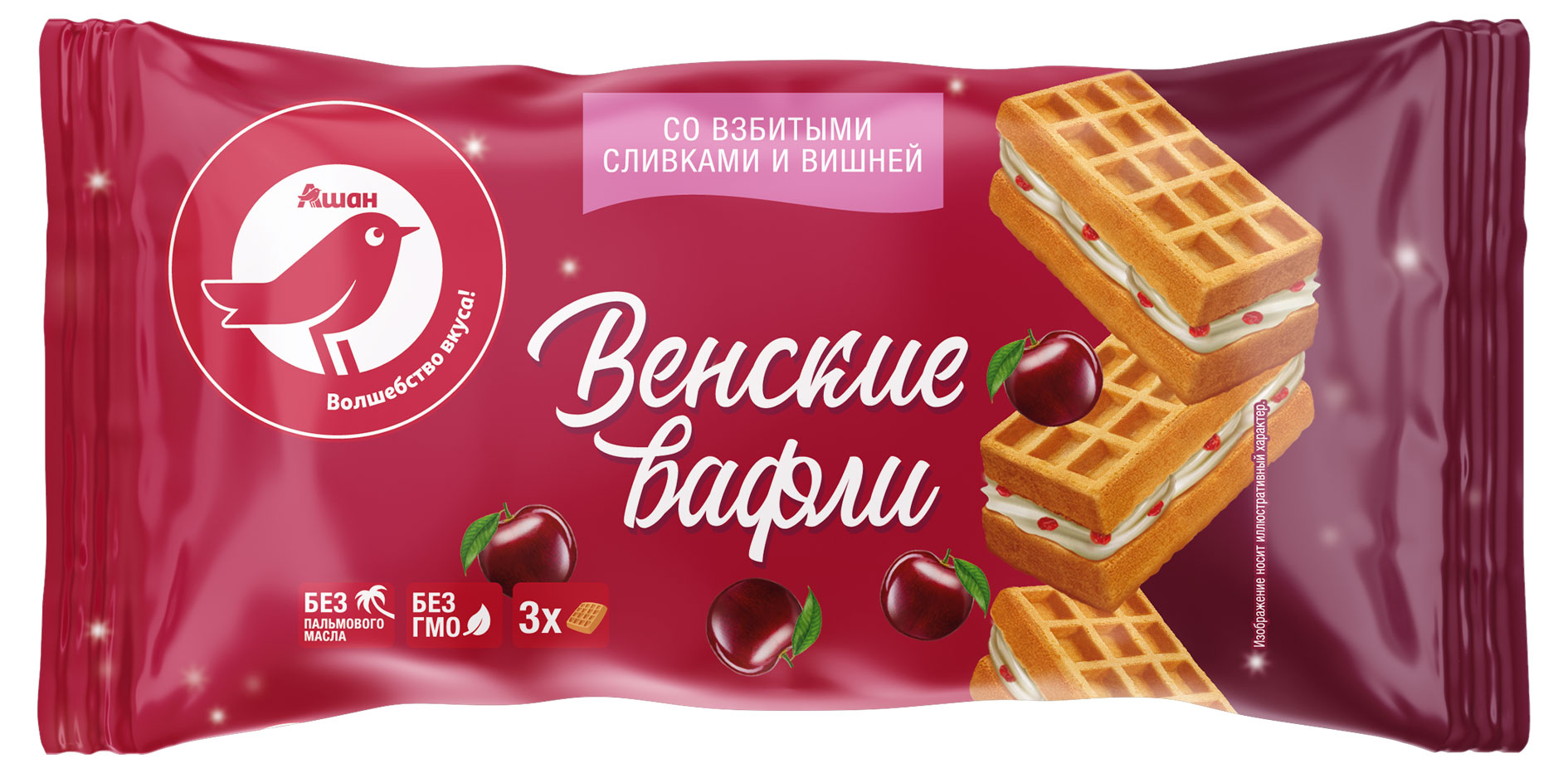 

Вафли венские АШАН Красная птица со взбитыми сливками и вишней, 112 г