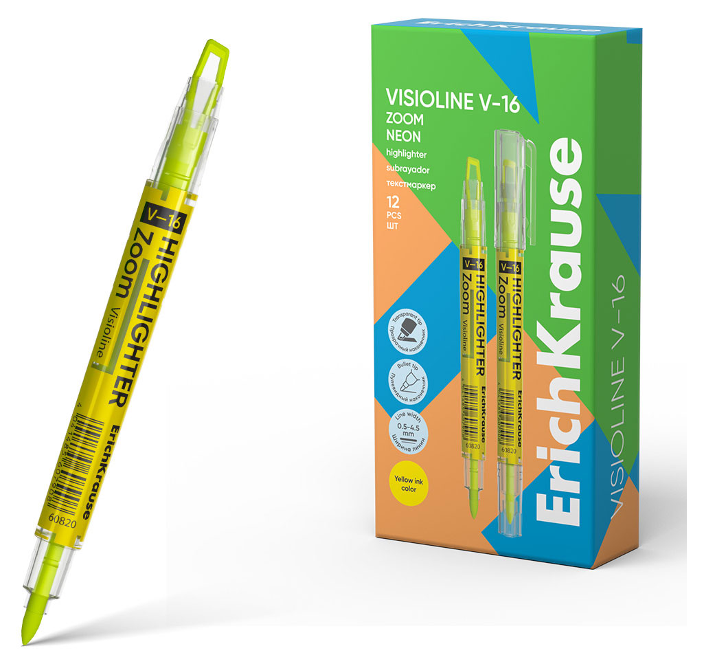 

Текстмаркер двухсторонний ErichKrause Visioline V-16 Zoom Neon желтый, 1 шт