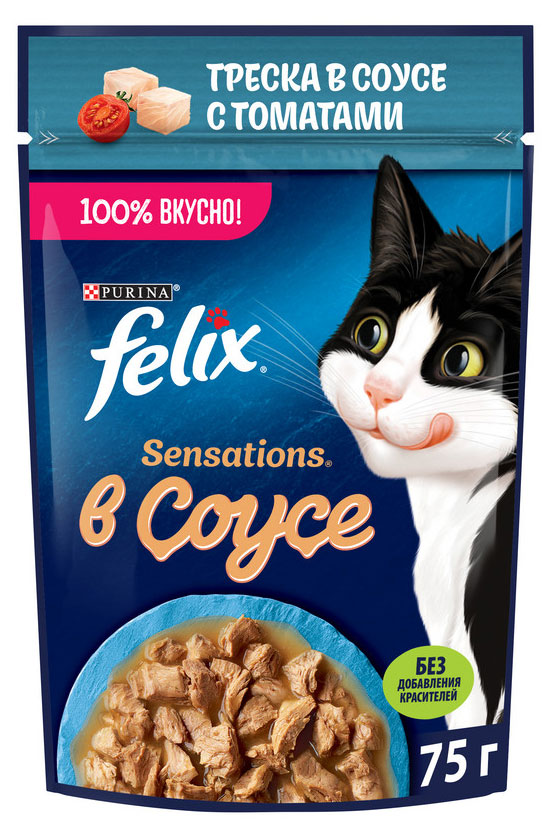 

Корм влажный для кошек Felix с треской в соусе с томатами, 75 г