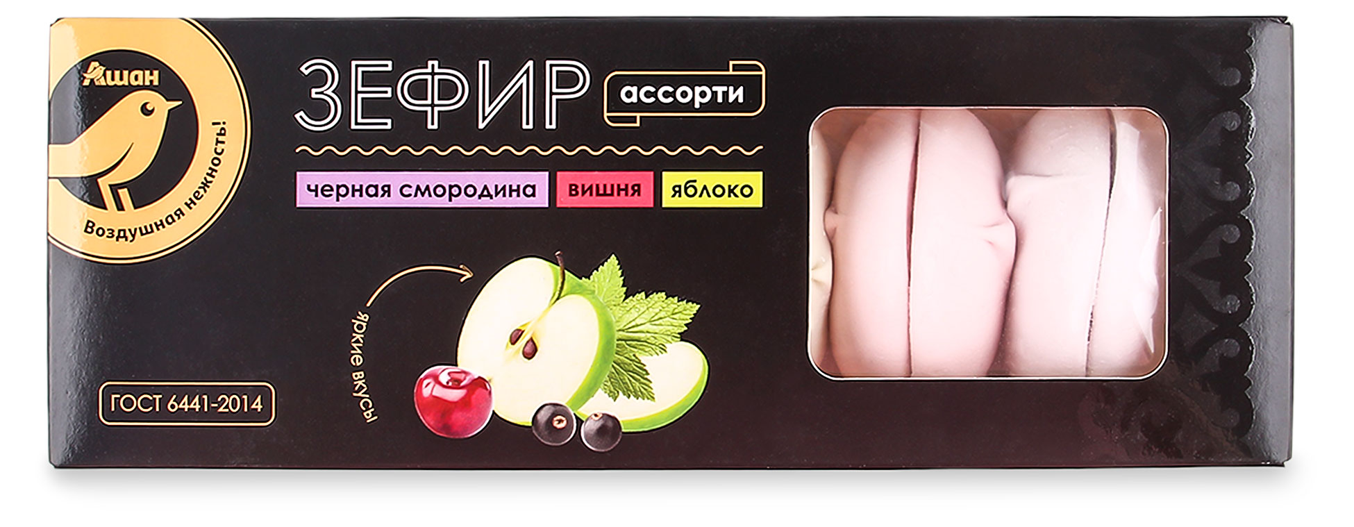 

Зефир АШАН Золотая птица со вкусом черной смородины вишни и яблока, 210 г