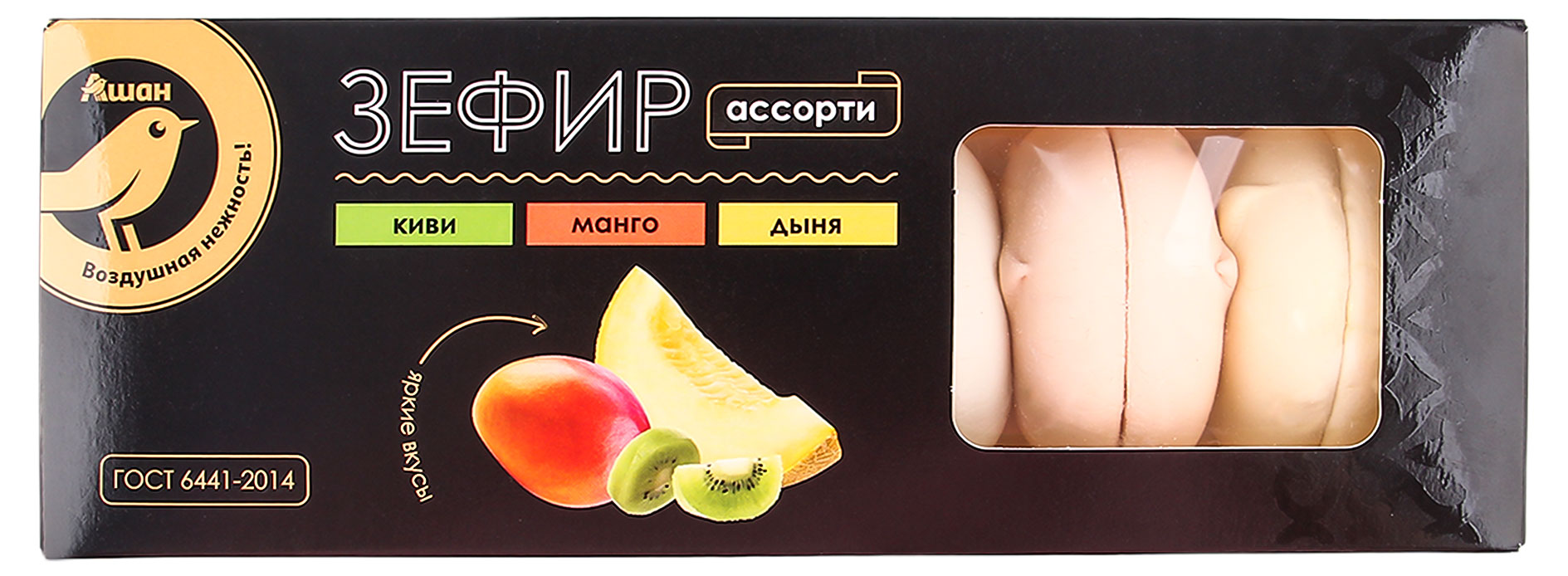 

Зефир АШАН Золотая птица со вкусом киви манго и дыни, 210 г