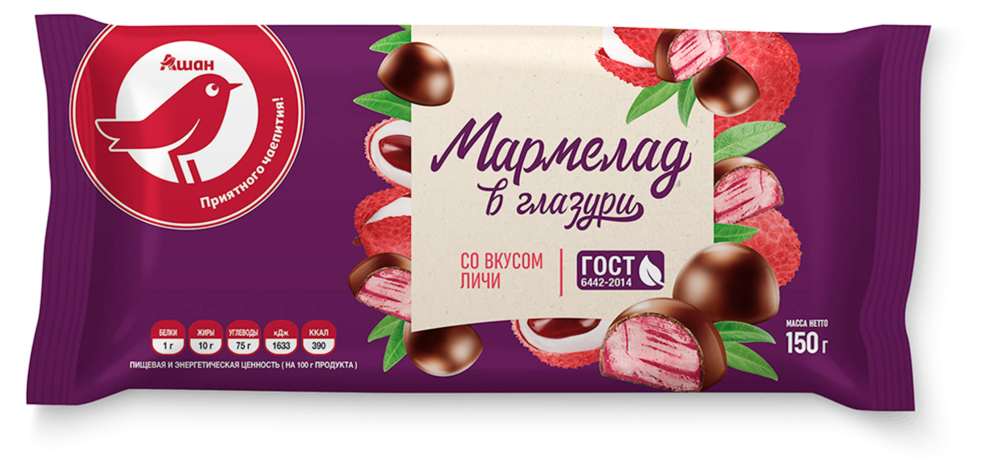 

Мармедольки АШАН Красная птица со вкусом личи в шоколаде, 150 г