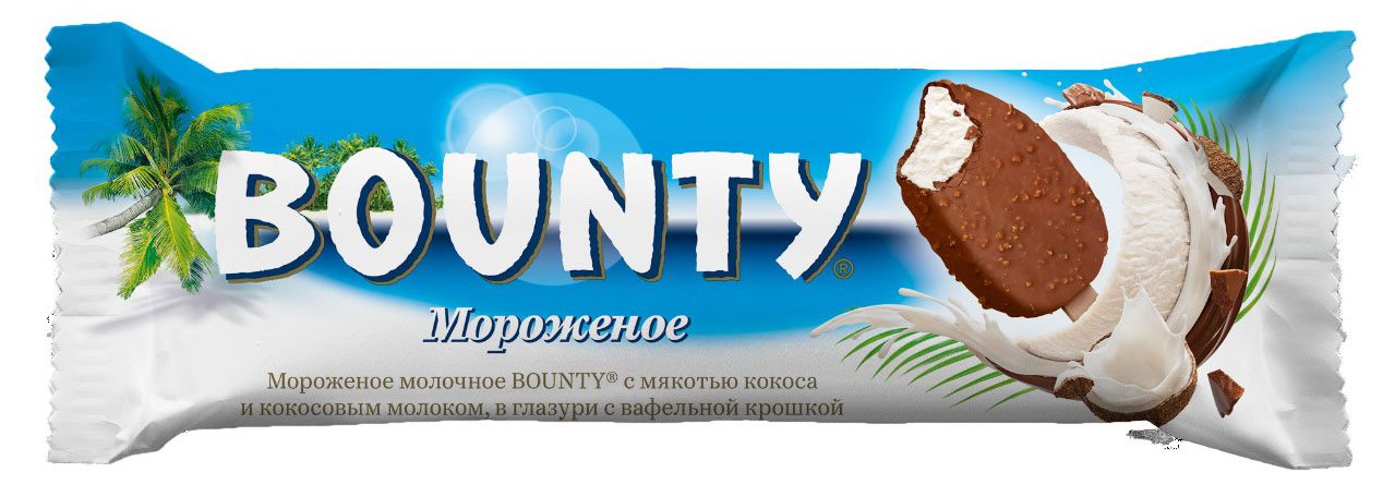 

Мороженое молочное Bounty с мякотью кокоса и кокосовым молоком в глазури с вафельной крошкой БЗМЖ, 60 г