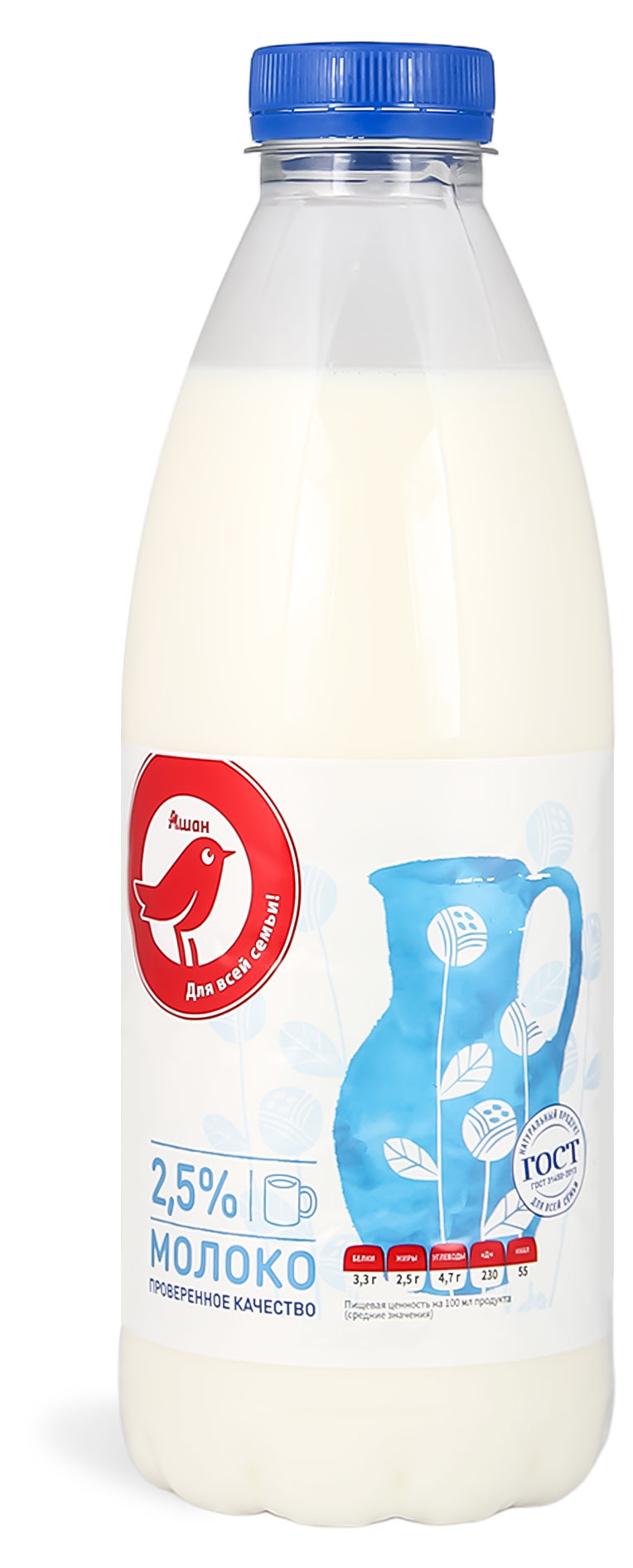 

Молоко пастеризованное АШАН Красная птица цельное 2,5% ГОСТ БЗМЖ, 900 мл