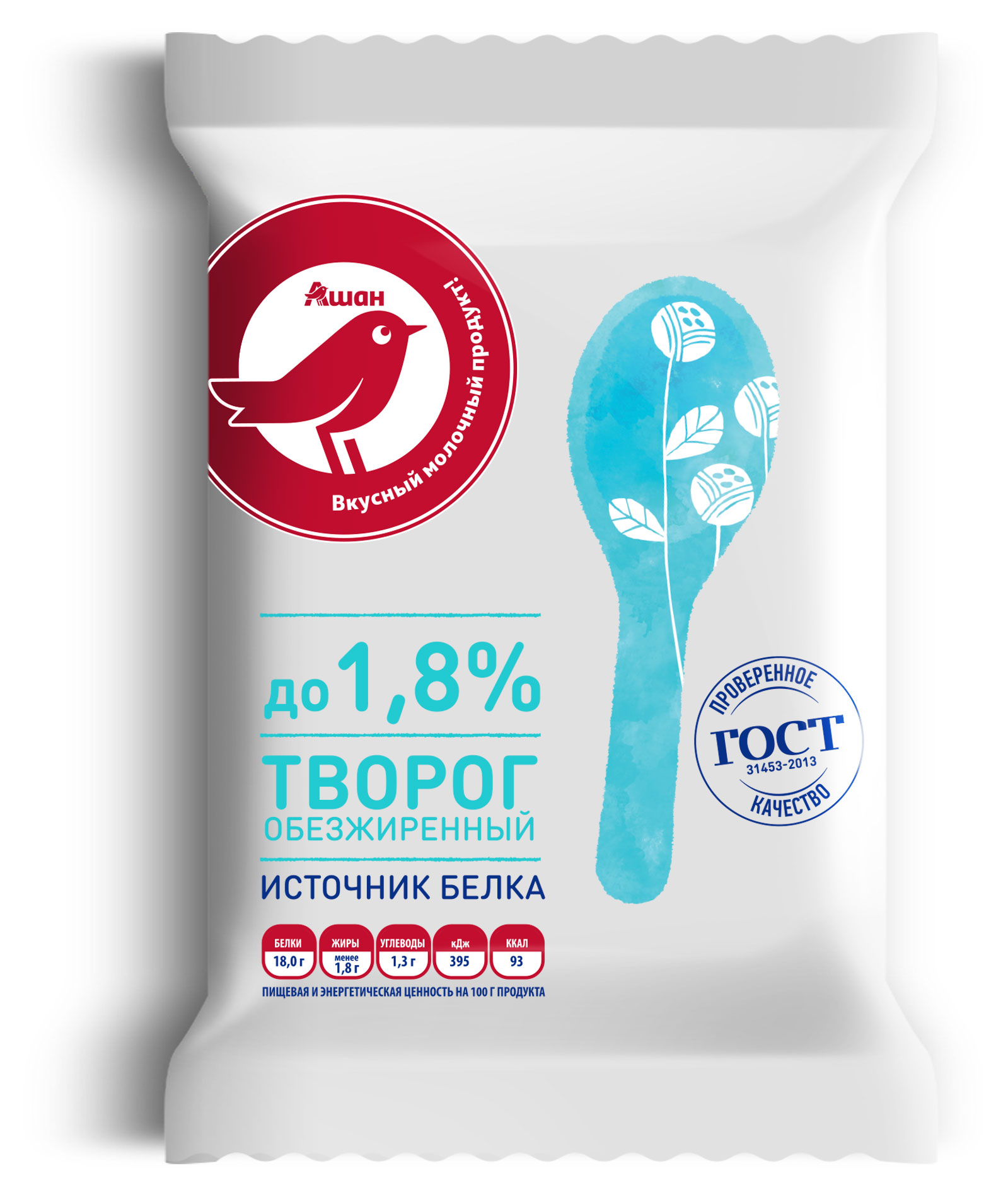 Изображение товара Творог классический обезжиренный АШАН Красная птица брикет 1,8% ГОСТ БЗМЖ, 180 г