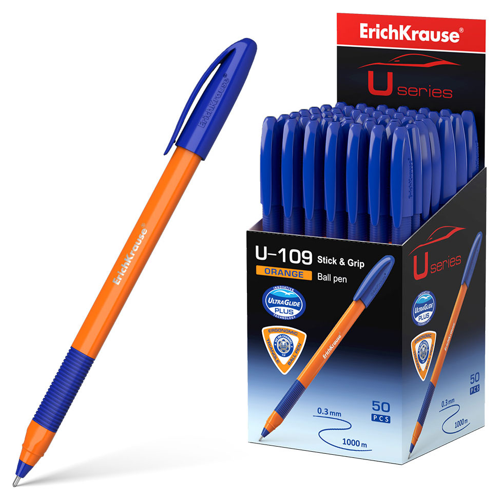

Ручка шариковая ErichKrause U-109 Orange Stick&Grip 1.0 Ultra Glide Technology, синий