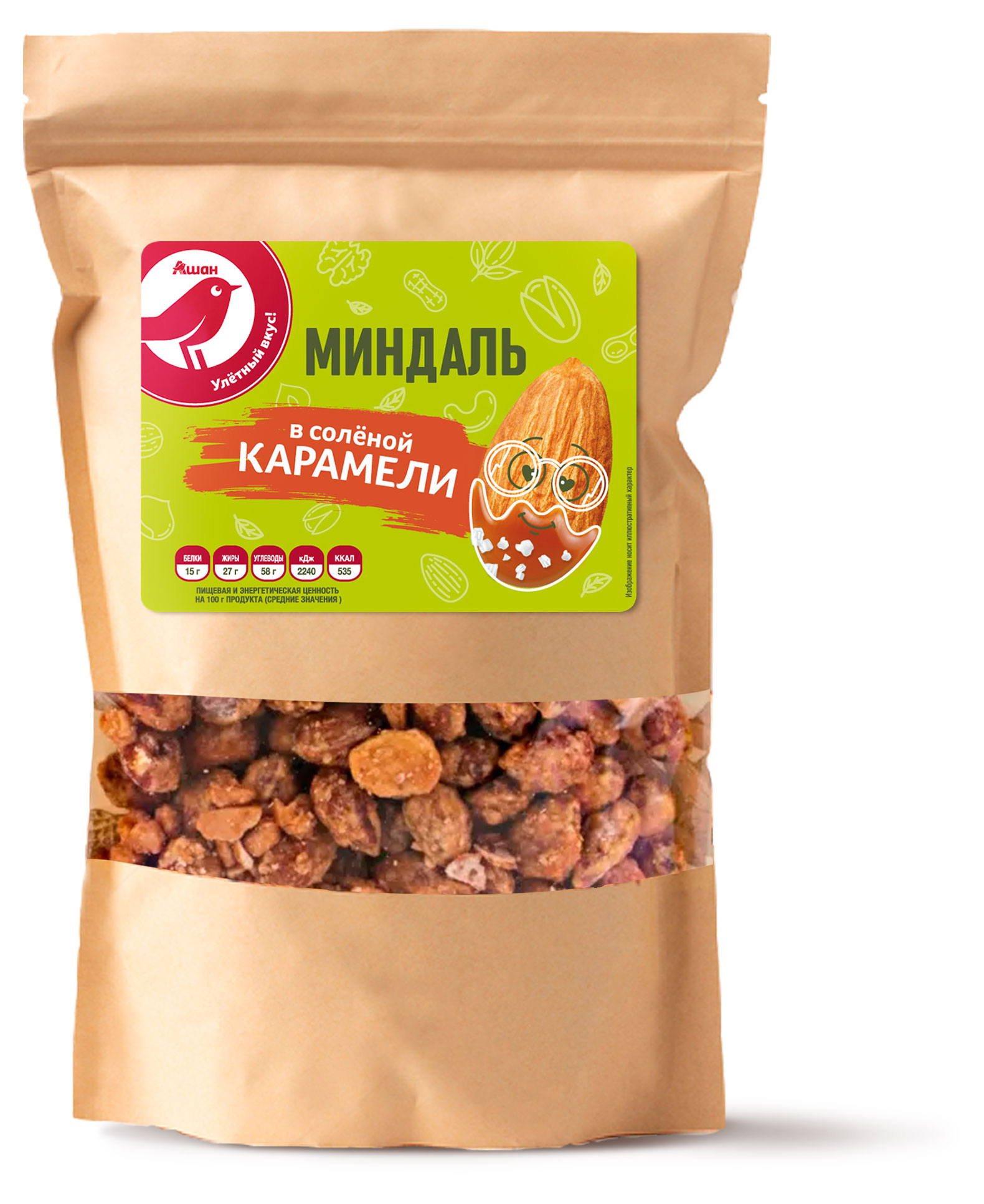

Миндаль АШАН Красная птица в соленой карамели, 150 г