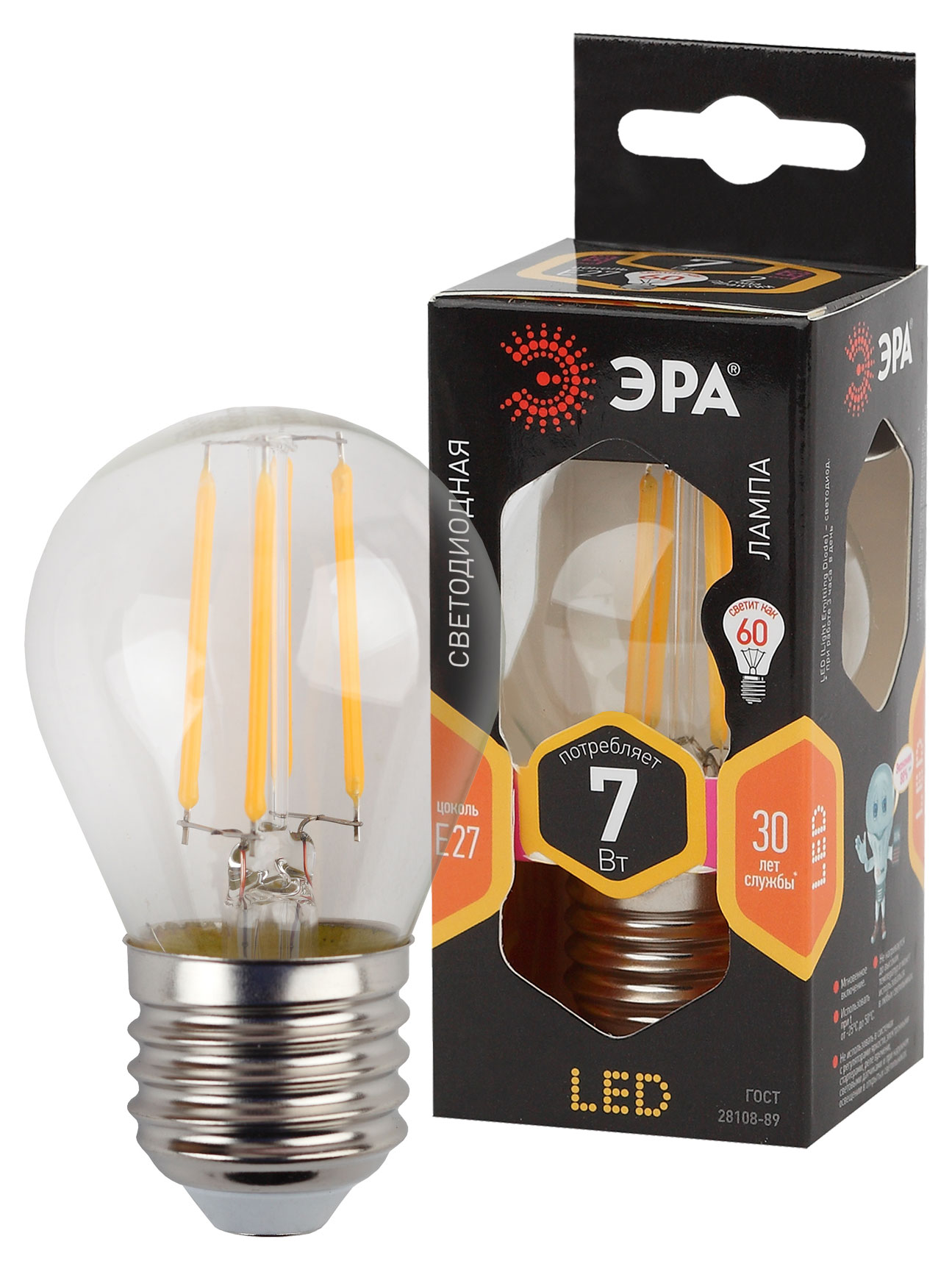 

Лампа светодиодная ЭРА F-LED P45-7W-827-E27 Теплый белый