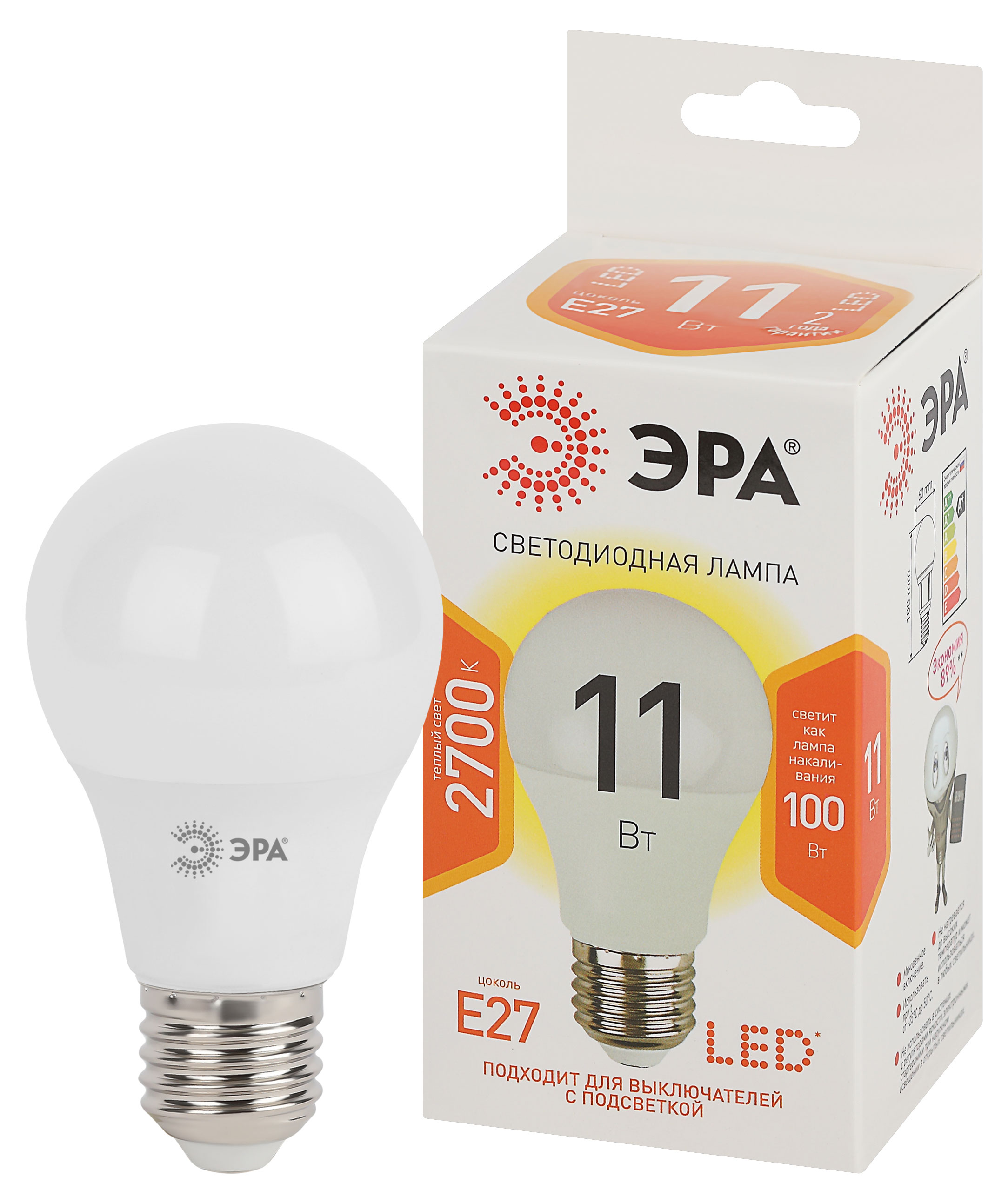 

Лампа светодиодная ЭРА LED A60-11W-827-Е27 Теплый белый