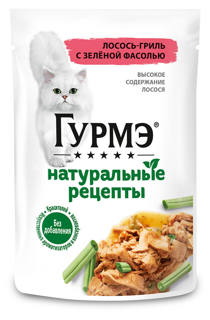 

Корм влажный для кошек Гурмэ Натуральные рецепты с лососем и фасолью, 75 г