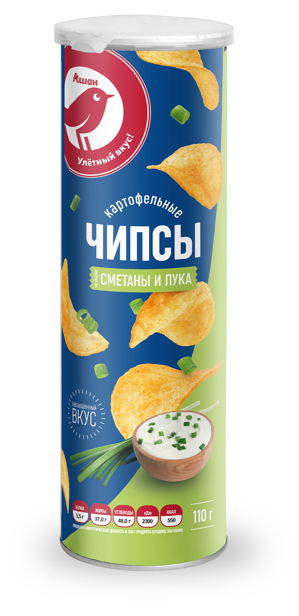 

Чипсы АШАН Красная птица сметана и лук, 110 г