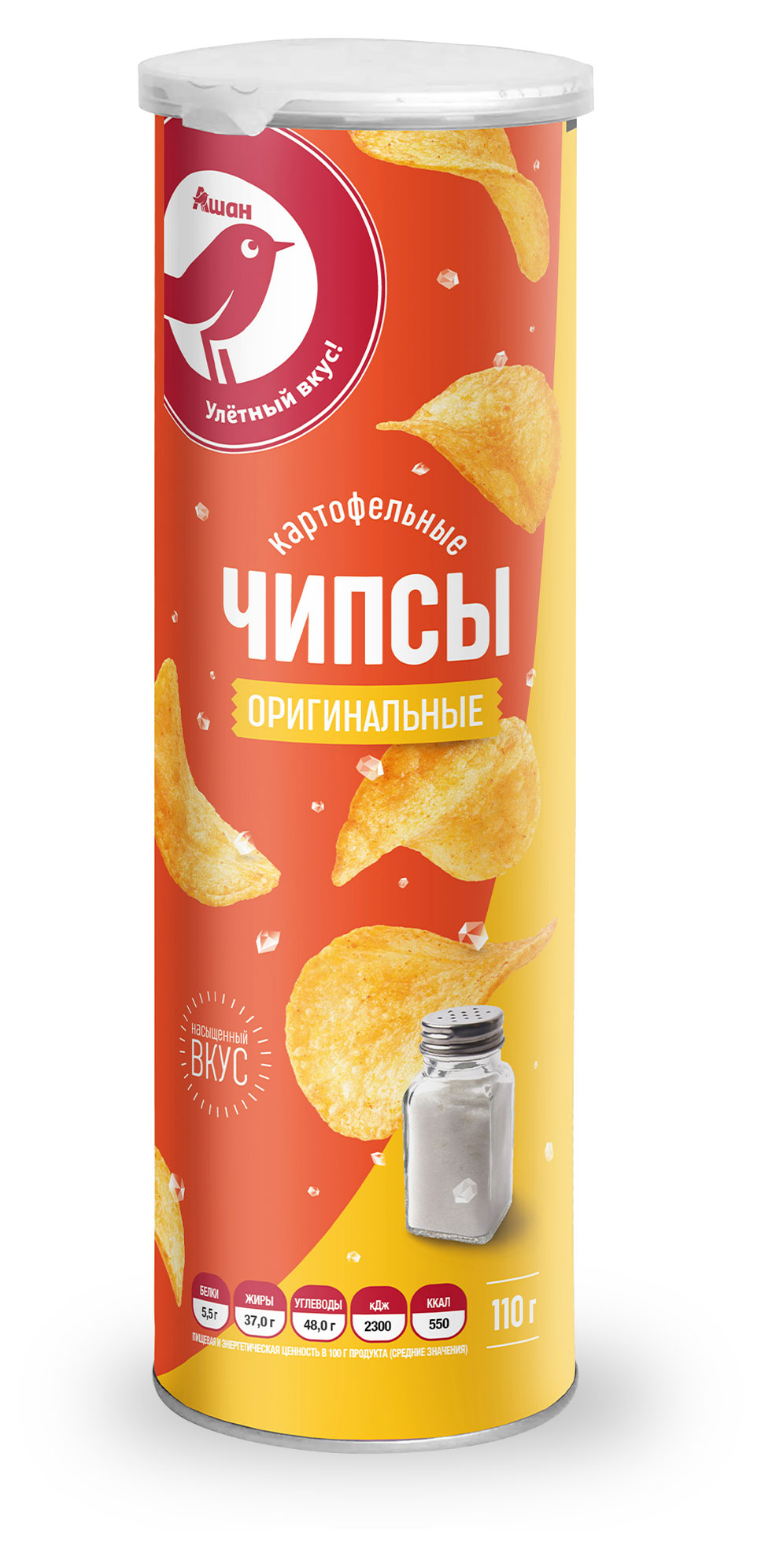 

Чипсы АШАН Красная птица оригинальные с солью, 110 г