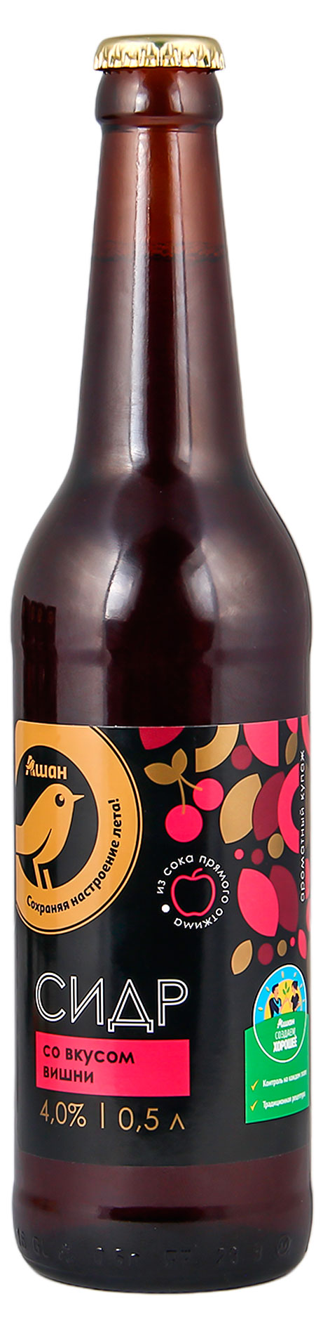

Сидр АШАН Золотая птица вишневый 4%, 0,5 л