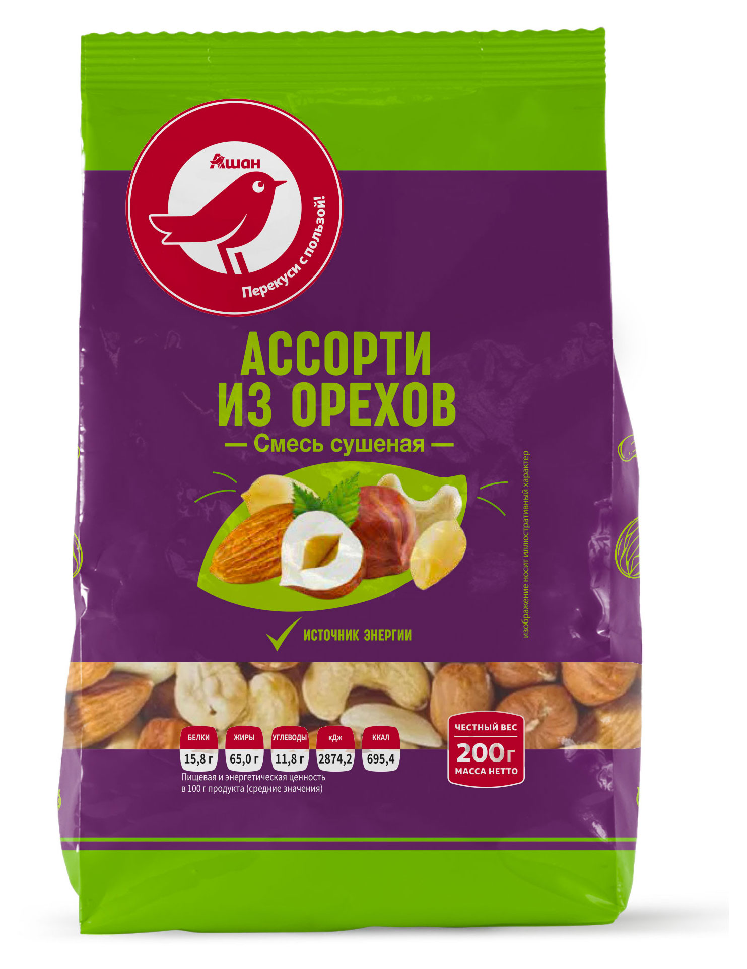 

Ассорти из орехов АШАН Красная птица сушеная, 200 г