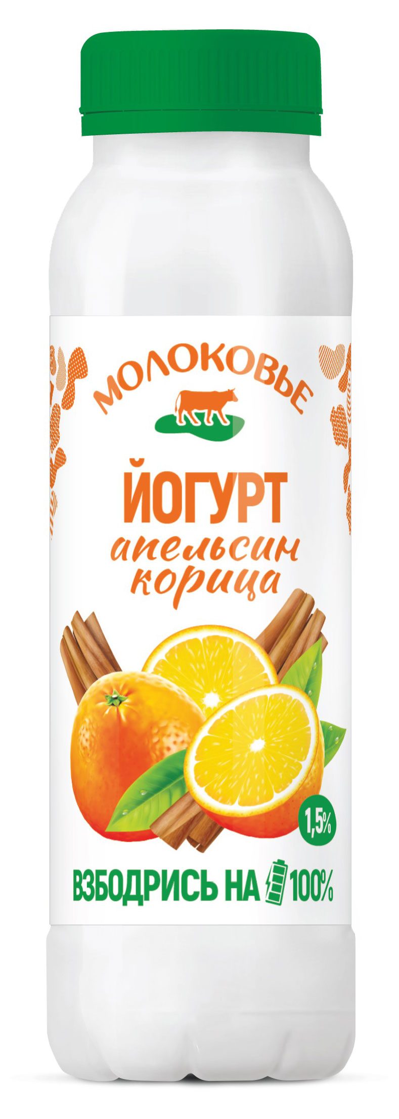 

Йогурт питьевой Молоковье Апельсин-корица 1,5% БЗМЖ, 270 г