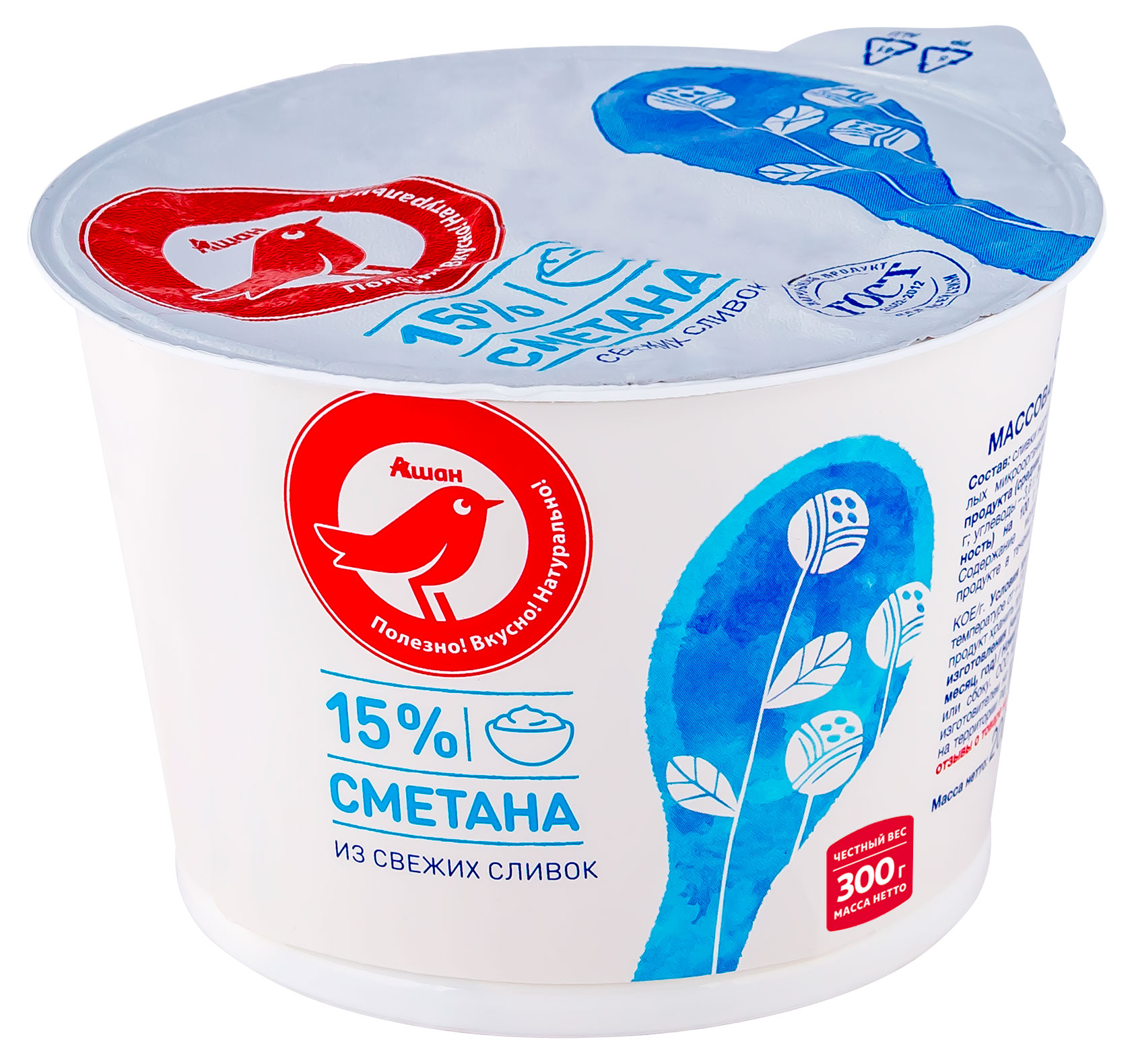

Сметана АШАН Красная птица 15% БЗМЖ, 300 г