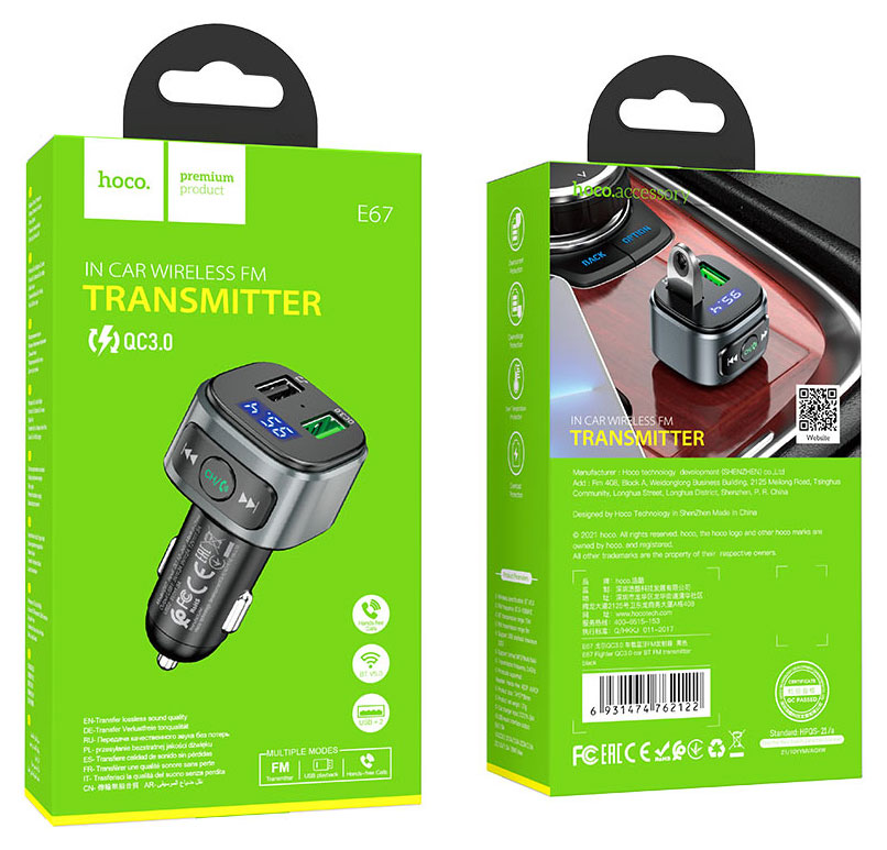 

Трансмиттер Hoco Bluetooth в прикуриватель 1USB3.0 Quick Charger+1USB2.0 черный E67