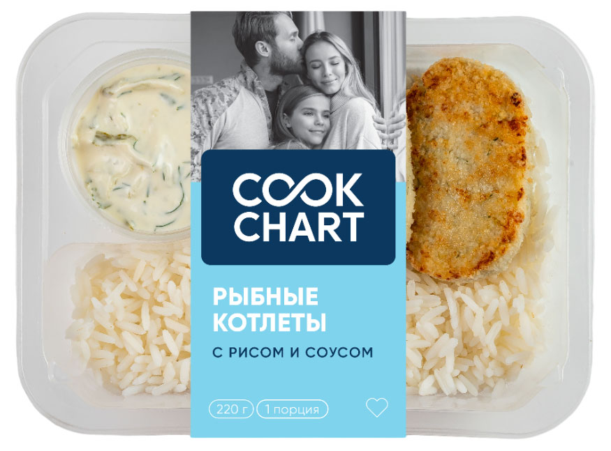 

Котлеты рыбные Cook Chart из фарша минтая с рисом отварным и соусом тартар, 220 г