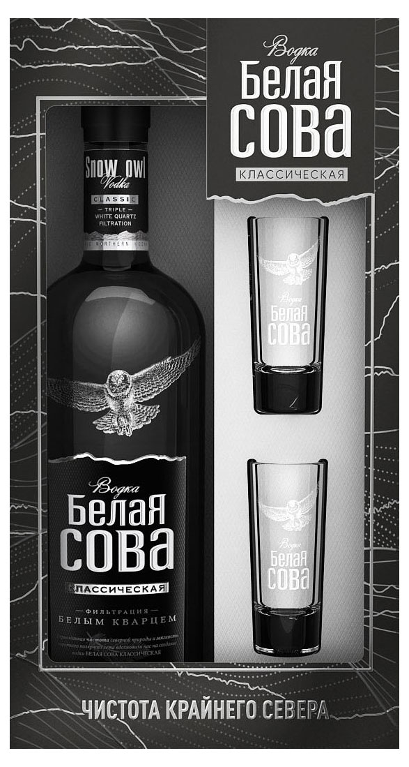 

Водка Белая Сова Классическая с 2 стопками в подарочной упаковке Россия, 1 л