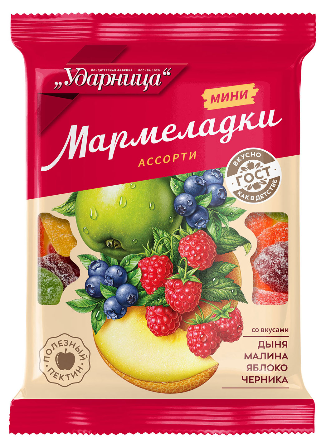 

Мармеладки мини Ударница Ассорти Дыня Малина Яблоко Черника, 275 г