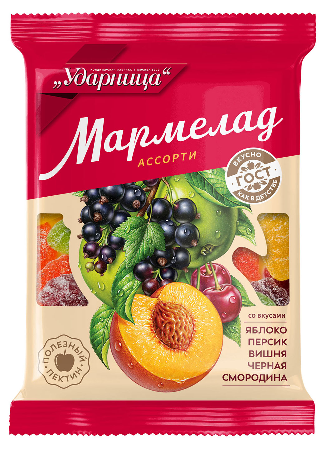 

Мармелад Ударница Ассорти со вкусами яблока персика вишни чёрной смородины, 275 г