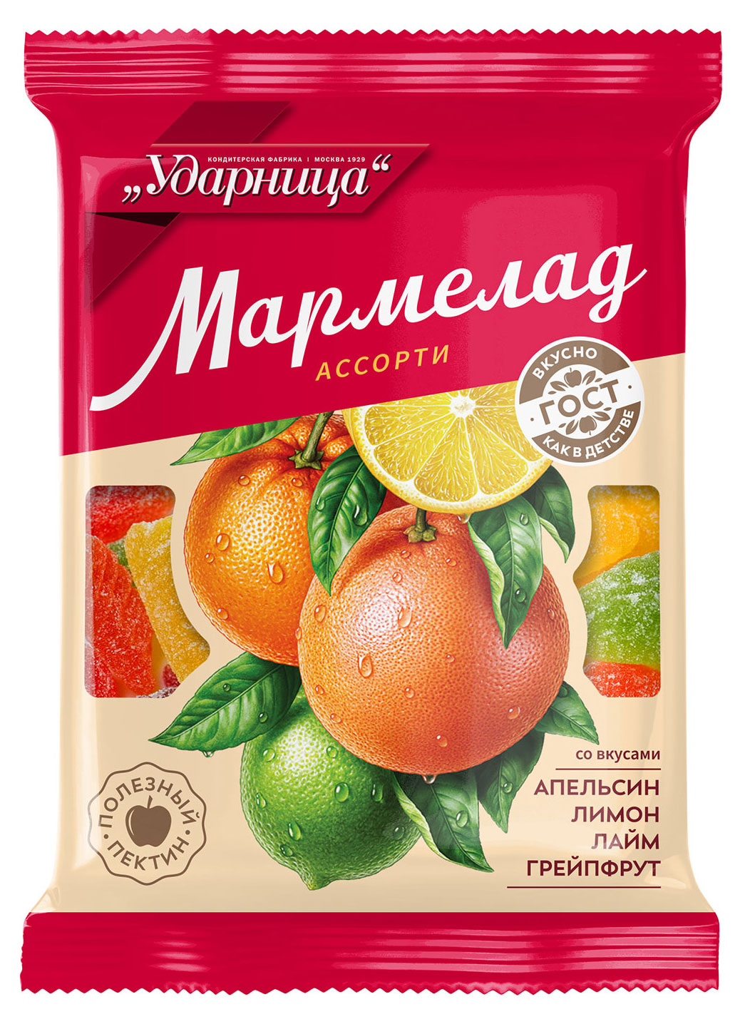 

Мармелад Ударница Ассорти со вкусами Апельсина Лимона Грейпфрута Лайма, 275 г