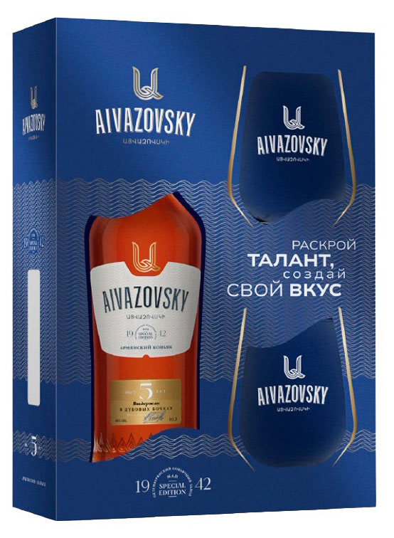 

Коньяк Айвазовский пятилетний с 2 бокалами в подарочной упаковке Армения, 0,5 л