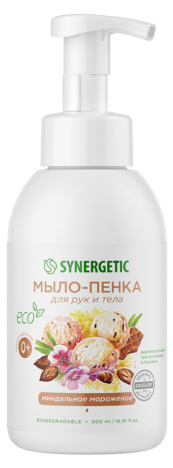 

Мыло-пенка детское для рук и тела Synergetic Гипоаллергенное натуральное Миндальное мороженое, 500 мл
