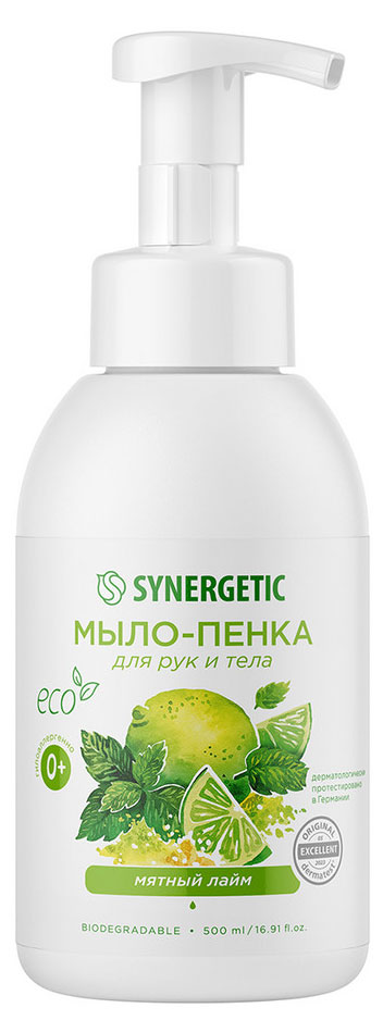 

Мыло-пенка детское для рук и тела Synergetic Гипоаллергенное натуральное Мятный лайм, 500 мл