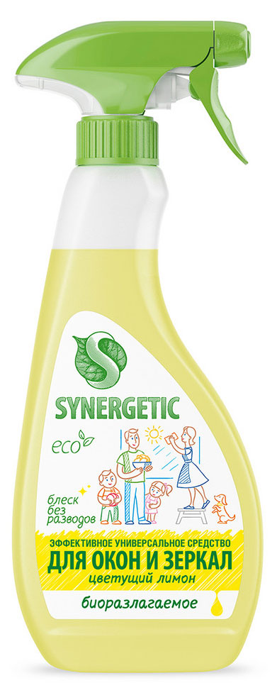 

Средство для мытья окон зеркал мониторов и стеклянных поверхностей Synergetic Цветущий лимон, 0,5 л