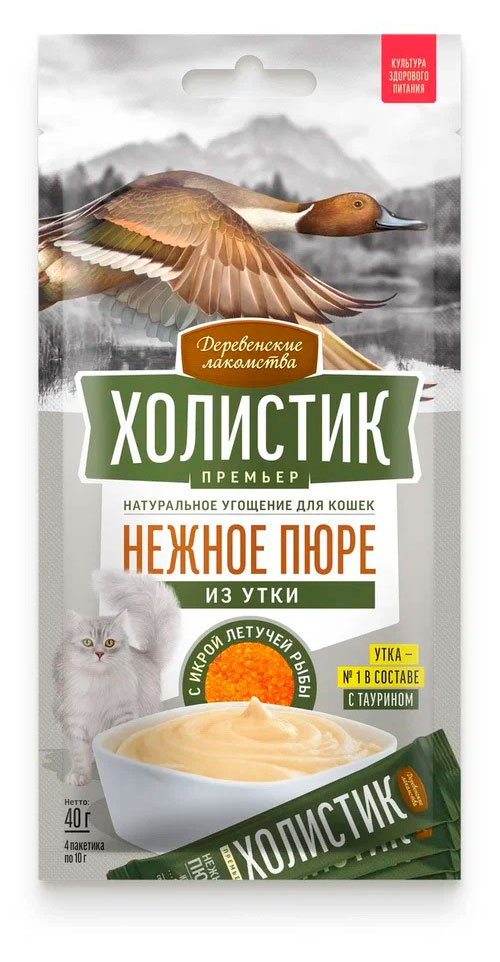 

Лакомство для кошек Деревенские лакомства Нежное пюре из утки с икрой летучей рыбы, 4х10 г
