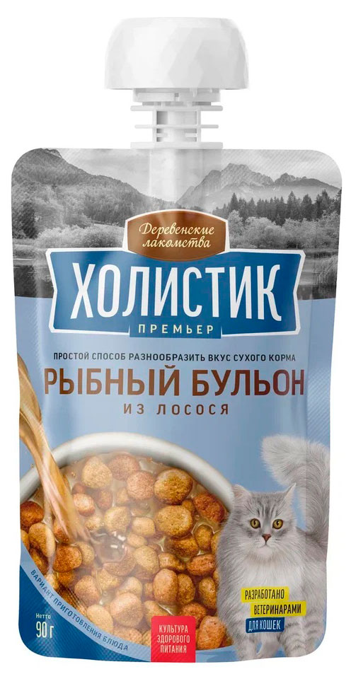 

Лакомство для кошек Деревенские лакомства Холистик Рыбный бульон из лосося, 90 г