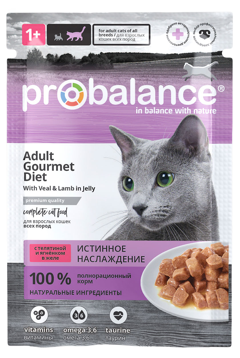 

Корм влажный для кошек ProBalance Adult Gourmet Diet c телятиной и ягнёнком в желе, 85 г