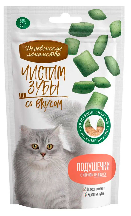 

Лакомство для кошек Деревенские лакомства Чистим зубы Подушечки с кремом из лосося, 30 г