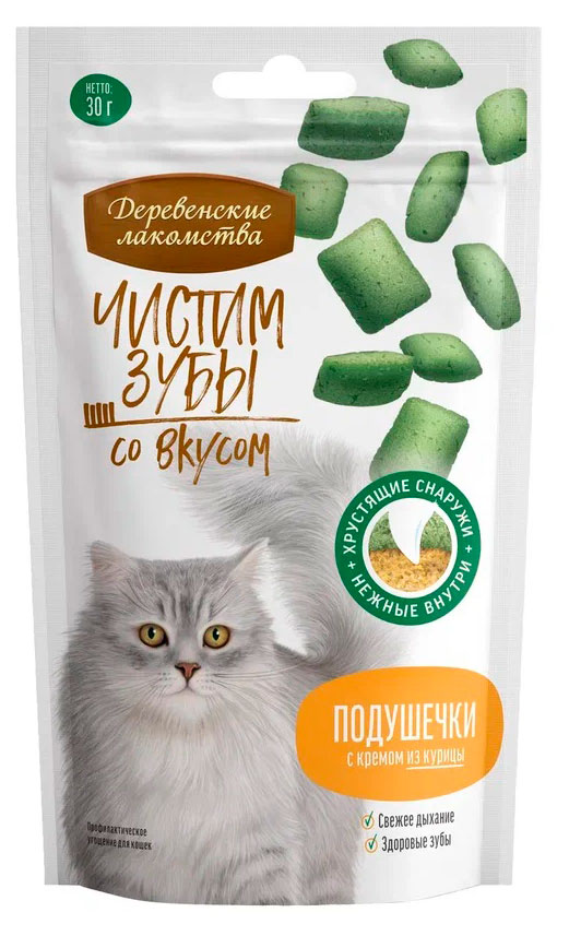 

Лакомство для кошек Деревенские лакомства Чистим зубы Подушечки с кремом из курицы, 30 г