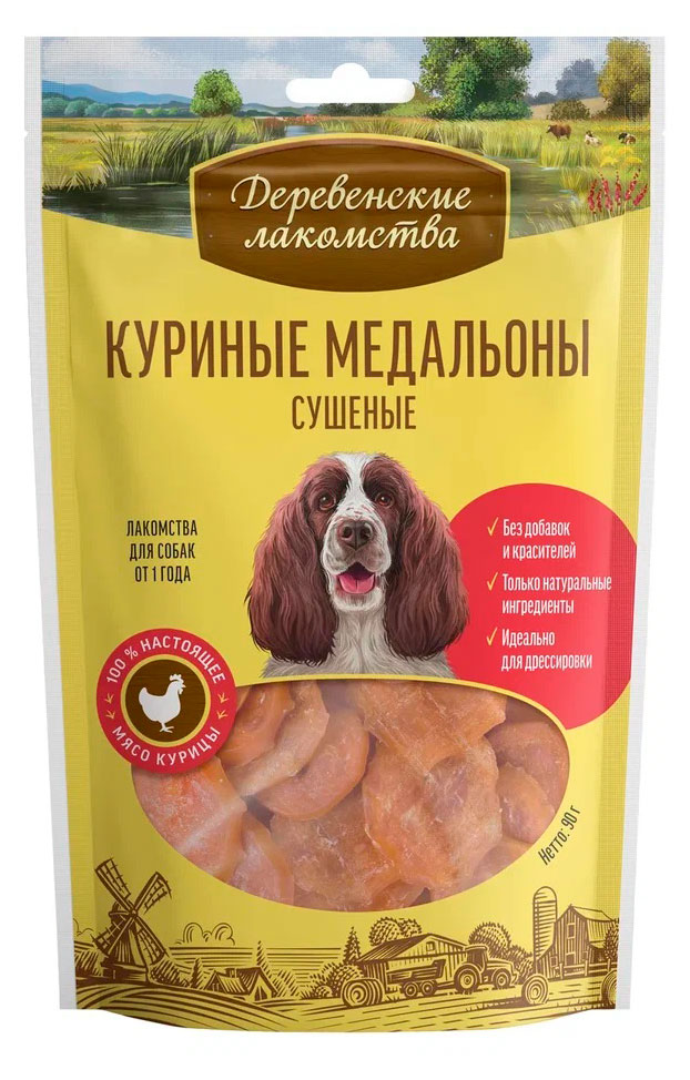 

Лакомство для собак Деревенские лакомства Куриные медальоны сушеные, 90 г