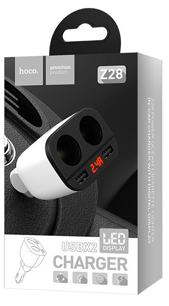 

Зарядное устройство в прикуриватель HOCO 2USB2.0+вольтметр+разветвитель 2 разъема прикуривателя белый