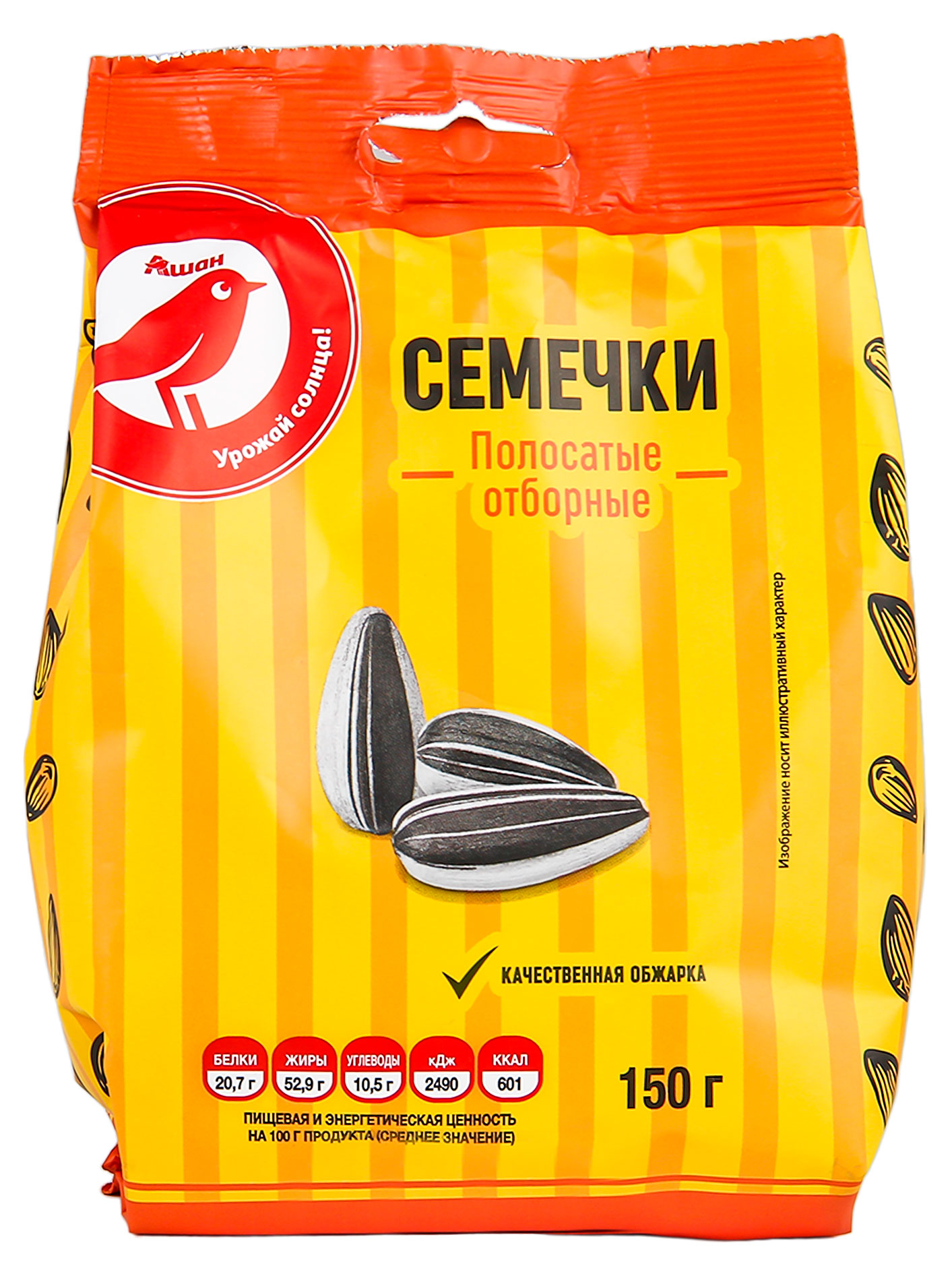 

Семечки полосатые АШАН Красная птица жареные, 150 г